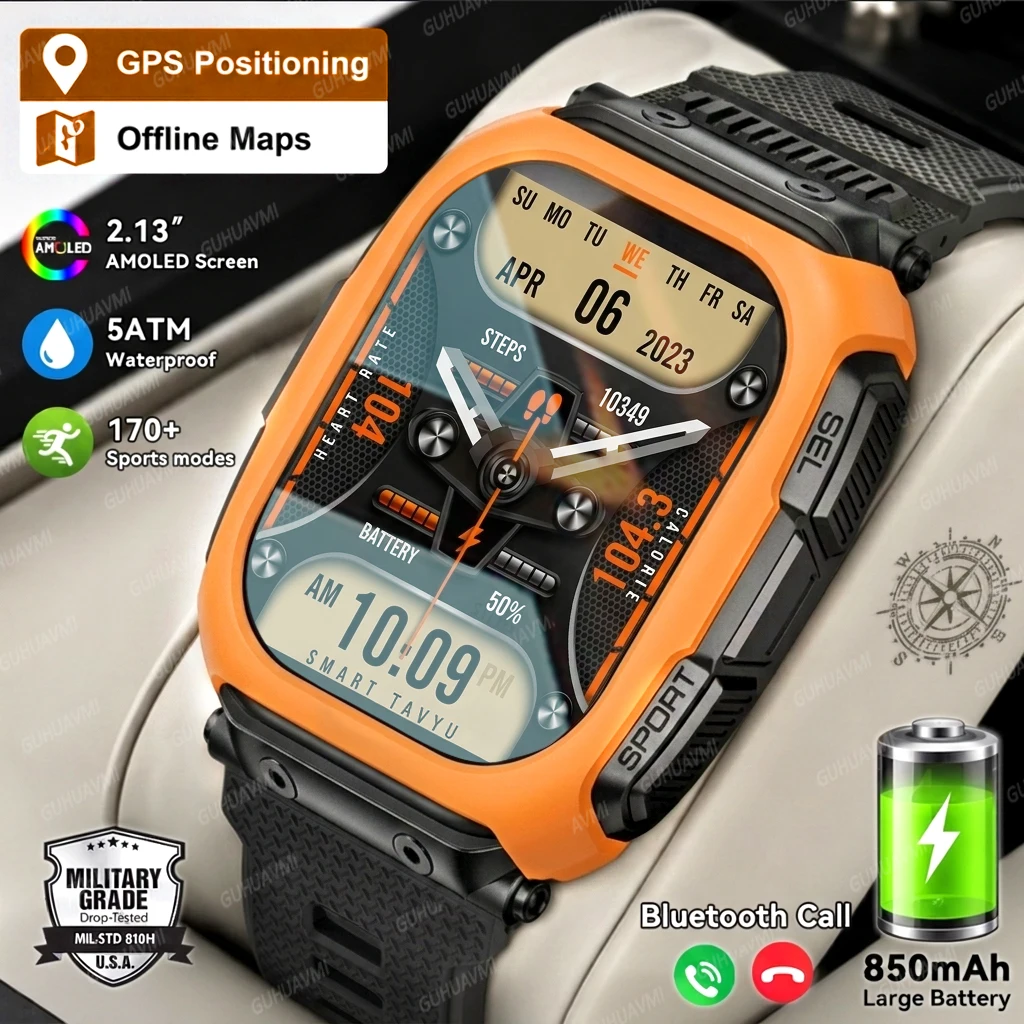 2026New Offline Map GPS Smart Watch Men 2.13''AMOLED Compass 5ATM Waterproof Heart Rate 170+Sport 850mAh Battery Tank Smartwatch