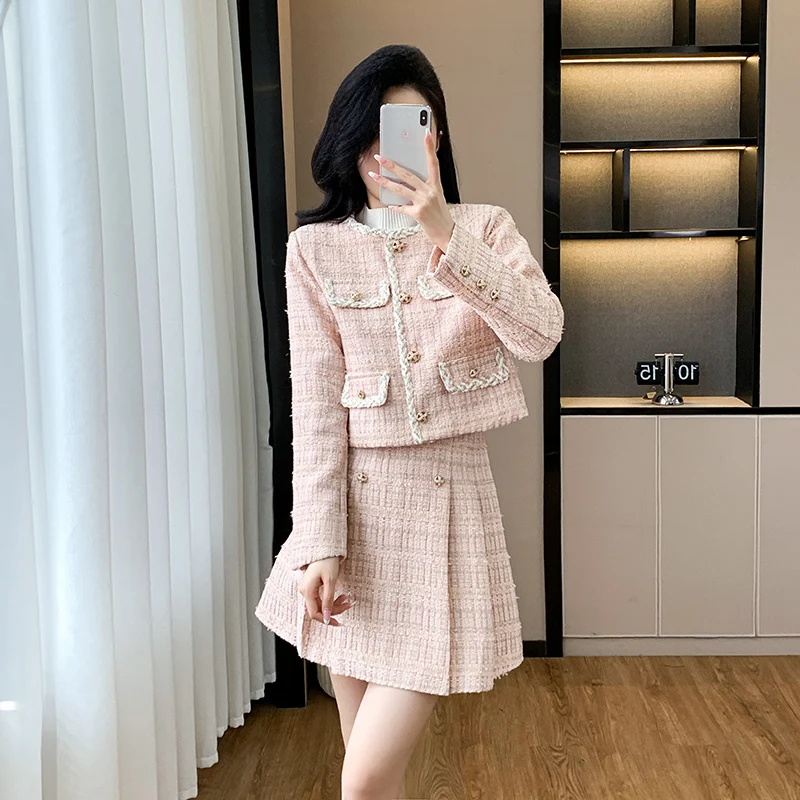 Fall Small Fragrance pink Tweed Two Piece Set Women Crop Top Woolen Short Jacket Coat + Mini Skirts Sets Sweet 2 Piece Suits