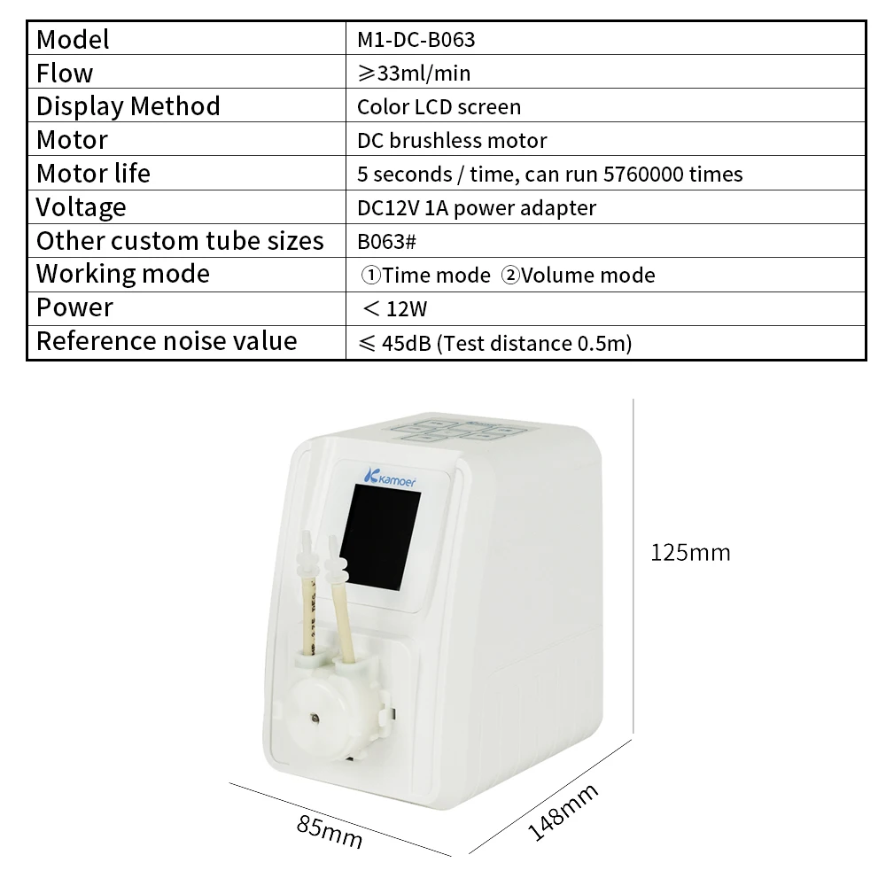 Bomba peristáltica ajustável Kamoer 33ml/min M1-DC 12V Bomba dosadora de motor DC de alta precisão com tela LCD para laboratório ou aquário