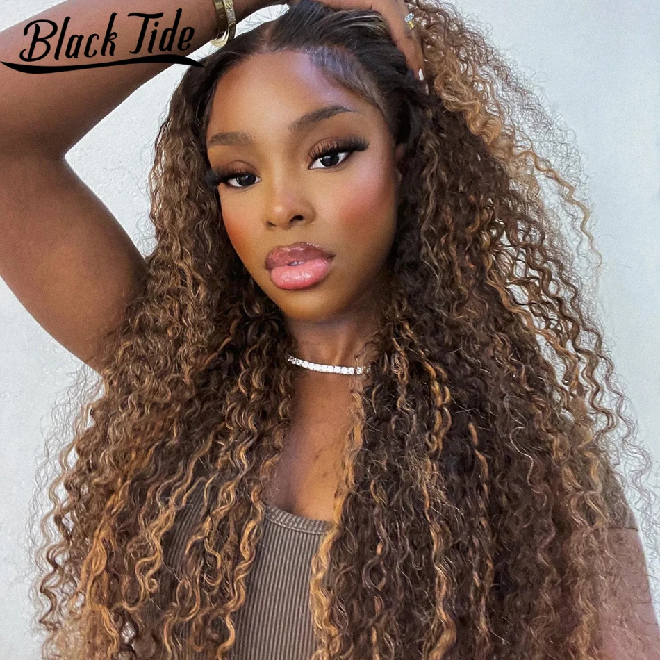 Highlight Wig Human Hair 34 Inch Curly Human Hair Wig Remy 180% Deep Wave Frontal Wig 13x4 HD Transparent Lace Frontal Wigs