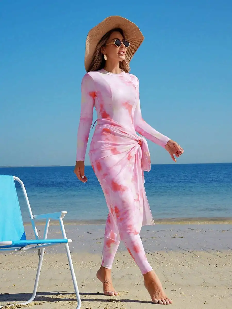 

Modest Long Sleeve Swim Set With Wrap Skirt Tie Dye Print Sun Protection Beach Wear