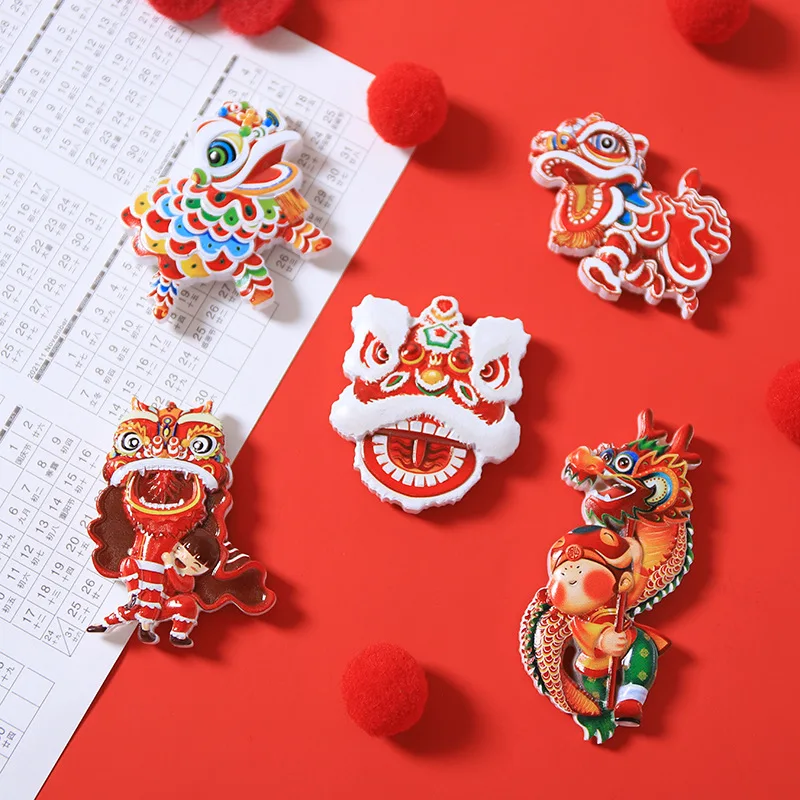 Chinese Style Refrigerator Magnet Chinese New Year Festive Cartoon Lion Dance Cute Creative Resin Refrigerator Magnet Home Decor