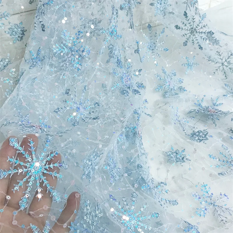 1 Yard Blue embroidery Snowflake Sequined Mesh lace fabric For Cosplay, Prom, Evening Dress, Wedding Birthday Prom