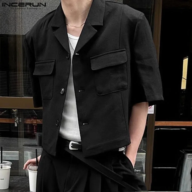 INCERUN Tops 2024 Korean Style Fashion Men\'s Short Double Pocket Design Suit Casual Streetwear Solid Short Sleeved Blazer S-5XL