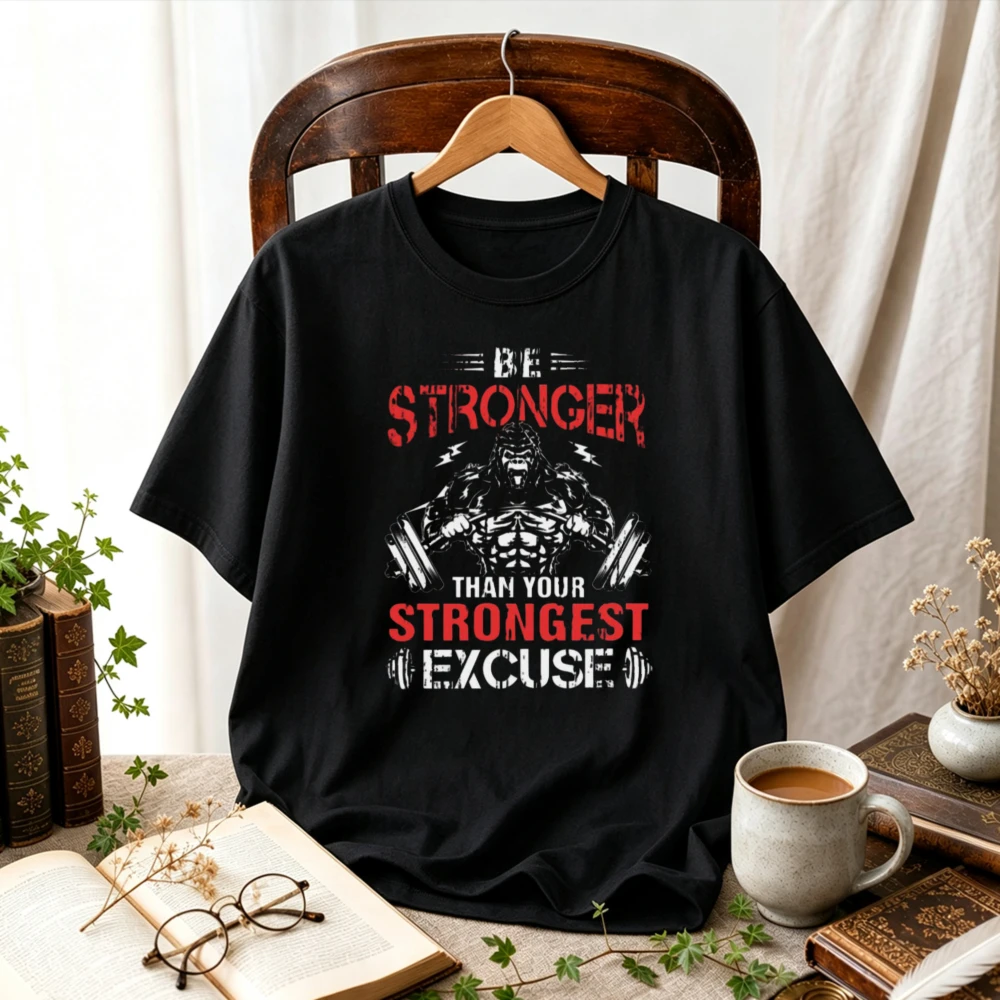 Be Stronger Than Your Strongest Excuse Gym Fitness Graphic T Shirt Workout Weightlifting Muscle Print Motivational Cotton Tees