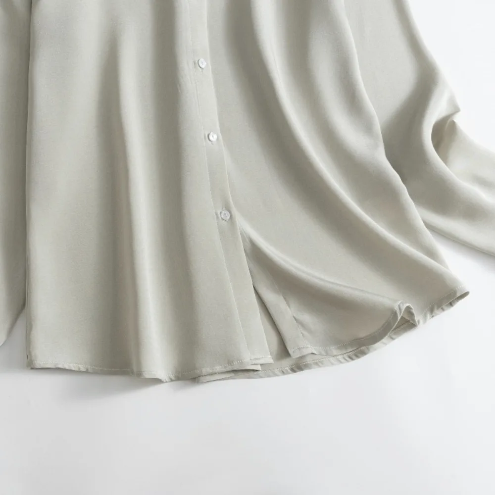 2026 moda mujer primavera nuevo 26MM 93% seda de morera Natural crepé pesado gris claro verde versátil camisa de oficina de manga larga