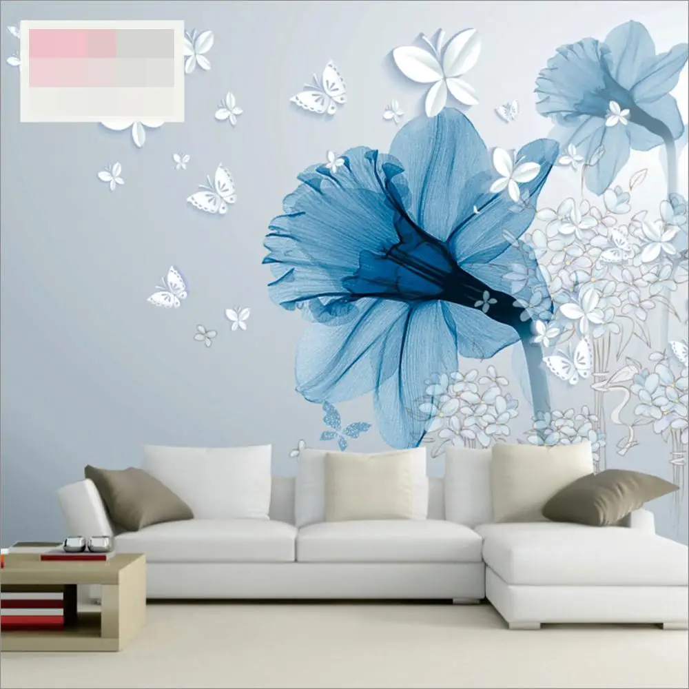 Customized products Hand-painted Jane Paper Blue Aesthetic Flower Art Living room sofa TV background wall Bedroom Wallpaper 8d