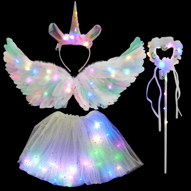 LED Glow Feather Wings para mulheres e meninas, Angel Wing, Unicorn Headband, Fairy Wings, Cosplay Props, presentes de festa de aniversário, crianças