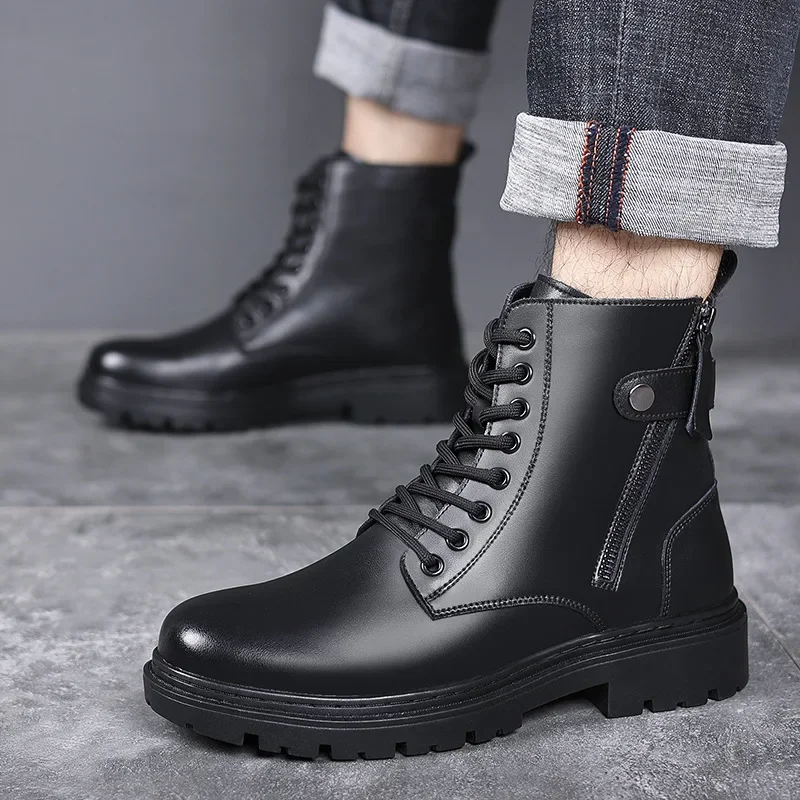 

2023 Autumn Winter New Designer Platform Boots for Men English-style Cargo Cowhide Ankle Boots Male Fashion Black Men's Shoes