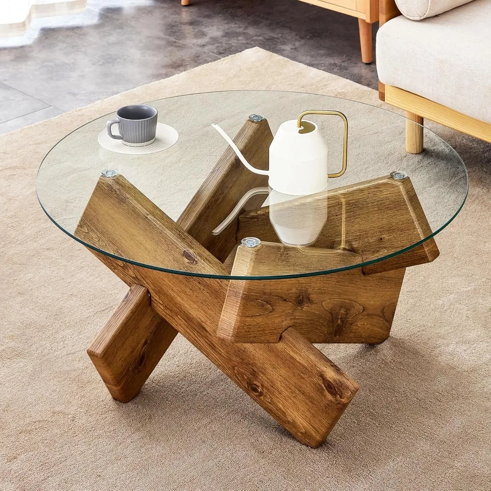 Mid Century Modern Round Coffee Table with Glass Top and Wood-Looking Finish Base, 33.4 Inch Circle Farmhouse Coffe Table, Uniqu