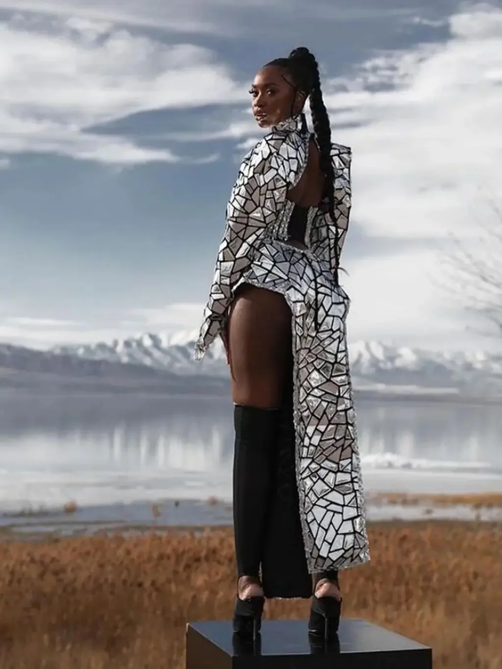 الذهب والفضة الليزر الترتر مثير المرحلة سبليت فستان طويل ملهى ليلي بار أداء ملابس رقص مرحلة حفلة سحب الملكة زي