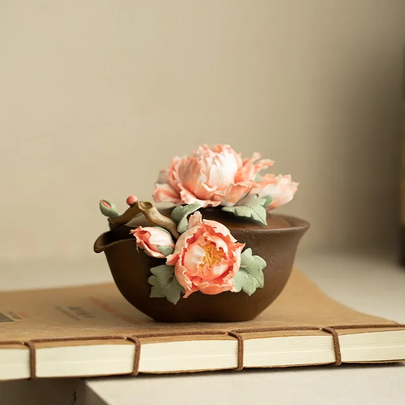 Handmade Ceramic Teapot Peony Gourd Shape Kung Fu Tea Set High End Household Pottery Claw Pot Gift Box For Tea Lovers