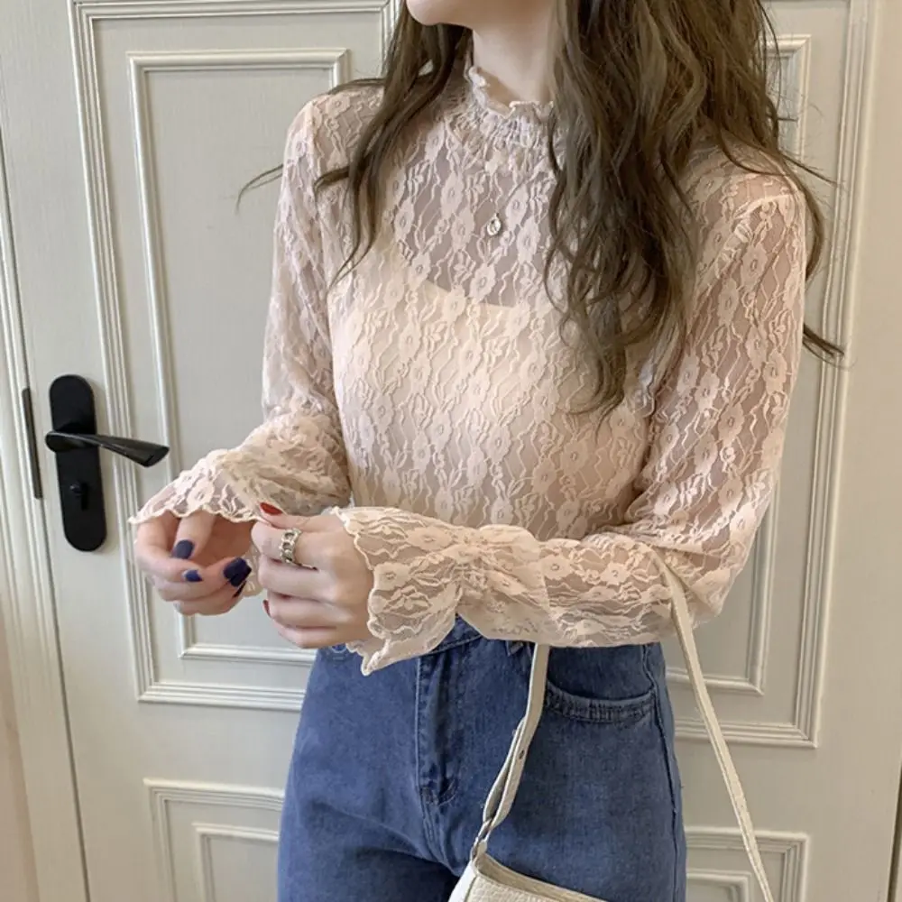 Sweet Half High Collar Lace Flower Top Dot Blouse Transparent Pullover Top Ins See Through Beach Shirts Streetwear