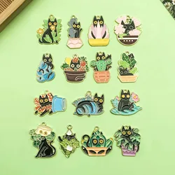 15pcs Enamel Cartoon Cute Cat Charms Alloy Exquisite Plant Pattern Pendants for DIY Bracelet Necklace Jewelry Making Accessories