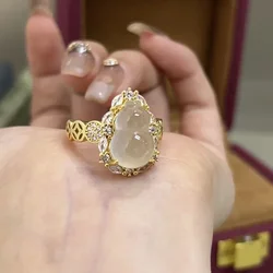 Vintage light luxury copper coin shaped natural chalcedony gourd rings for women unique fashion new Chinese style ring jewelry
