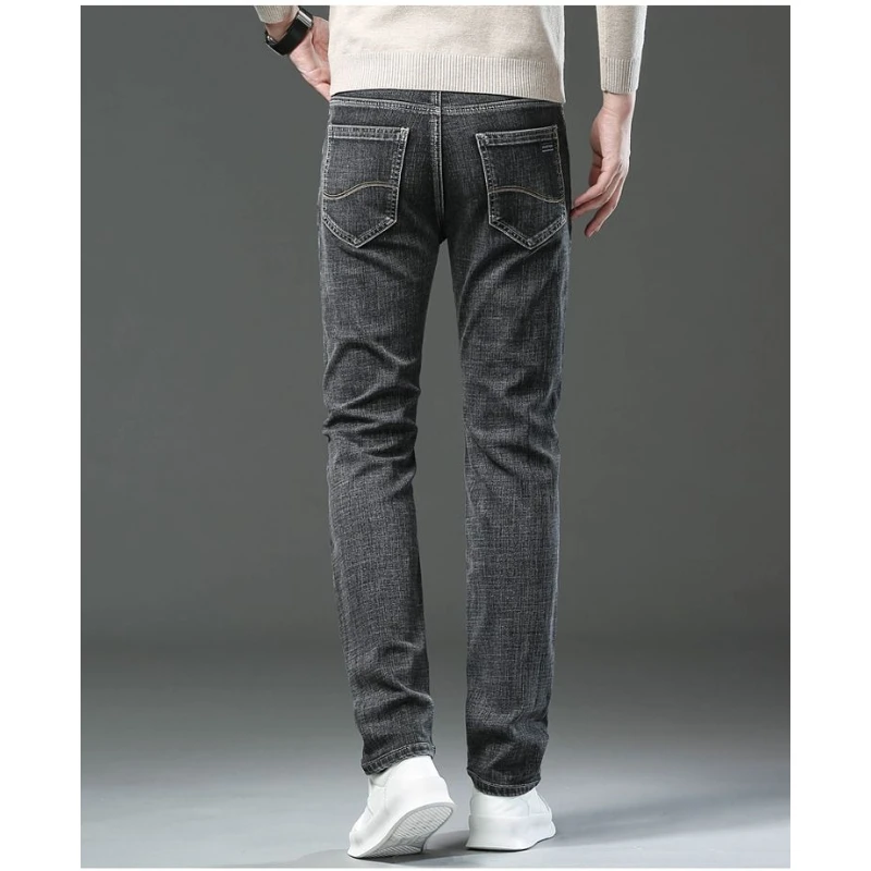 الخريف الشتاء القطن الرمادي رجالي سليم صالح مستقيم الجينز الأعمال عادية مطاطا كل مباراة سراويل أنيقة سراويل جينز الذكور العلامة التجارية #6