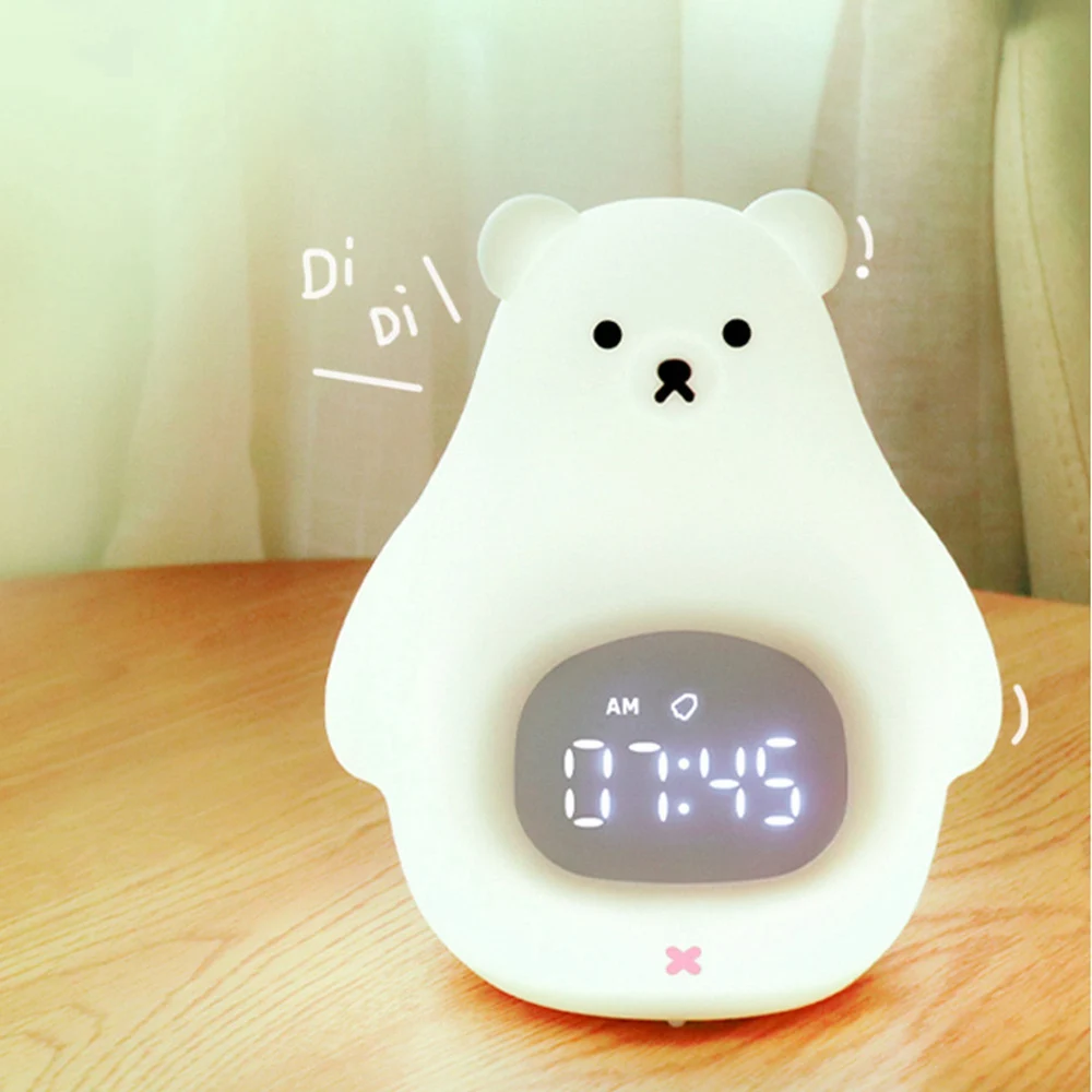 นาฬิกาปลุกซิลิโคนรูปหมีสำหรับเด็ก, นาฬิกาดิจิทัลไฟ LED กลางคืนหมีแบบพกพาชาร์จไฟได้