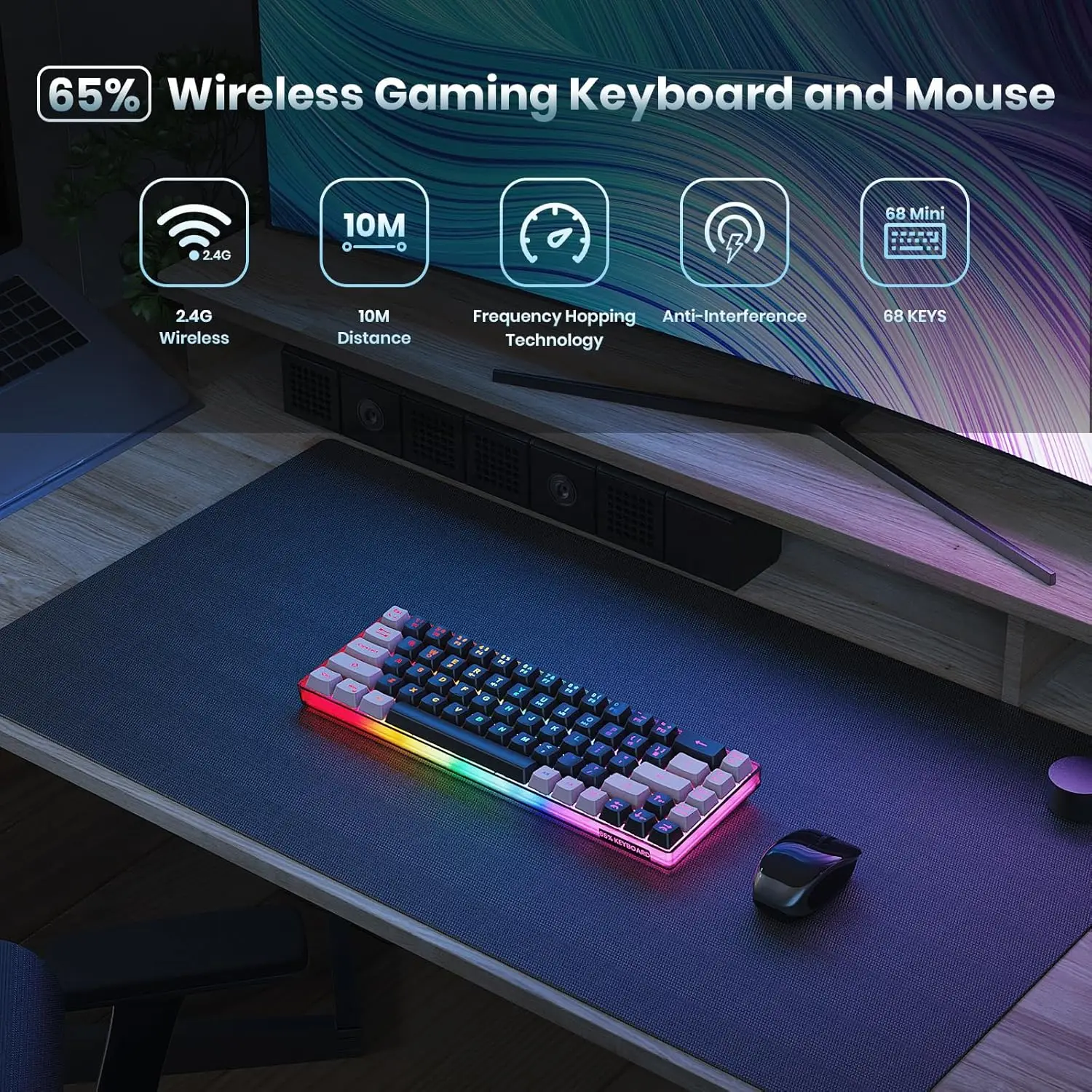 2.4G Wireless Keyboard RGB Backlit 68 Keys Ultra-Compact Anti-ghosting No-Conflict Wireless Keyboard for PC Laptop Windows Gamer