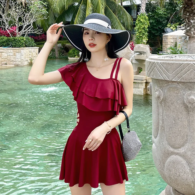 Ruffle Swimsuit with Skirt Dress Cover Up Backless Swimming Suit 2023 Summer Sexy One Piece Women Korean Fashion Bathing Suit