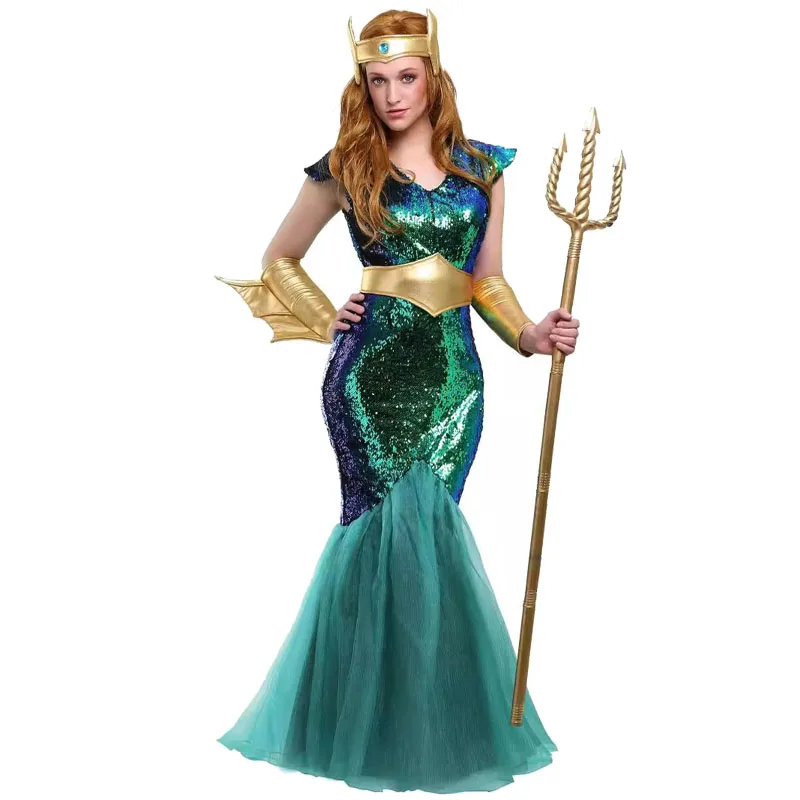 Adult Couple Sea King Costume Women Mermaid Queen Dress Men Sea God King Costume with Headdress Belt Cuff