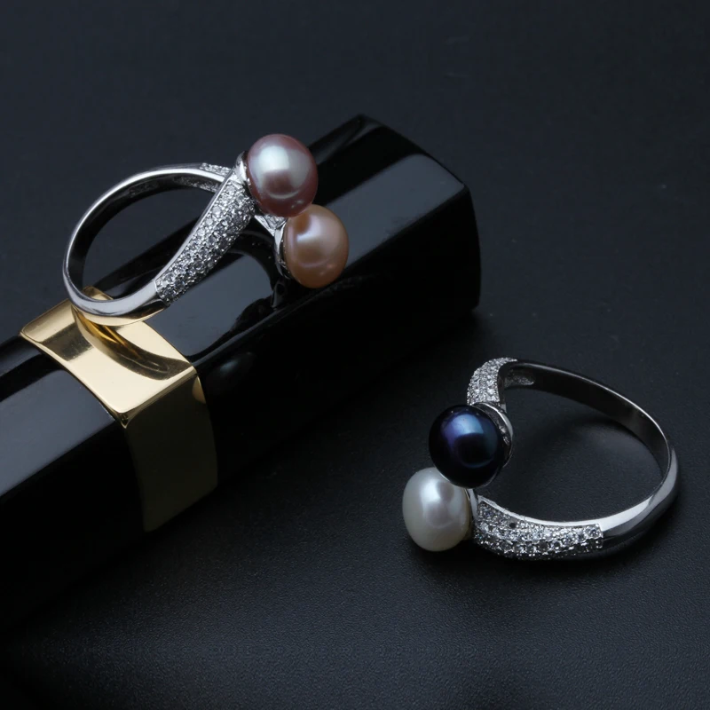 Real 925 Sterling Silver Double Pearl Rings Woman,White Natural Freshwater Pearl Ring Adjustable Wife Mother Anniversary Gift