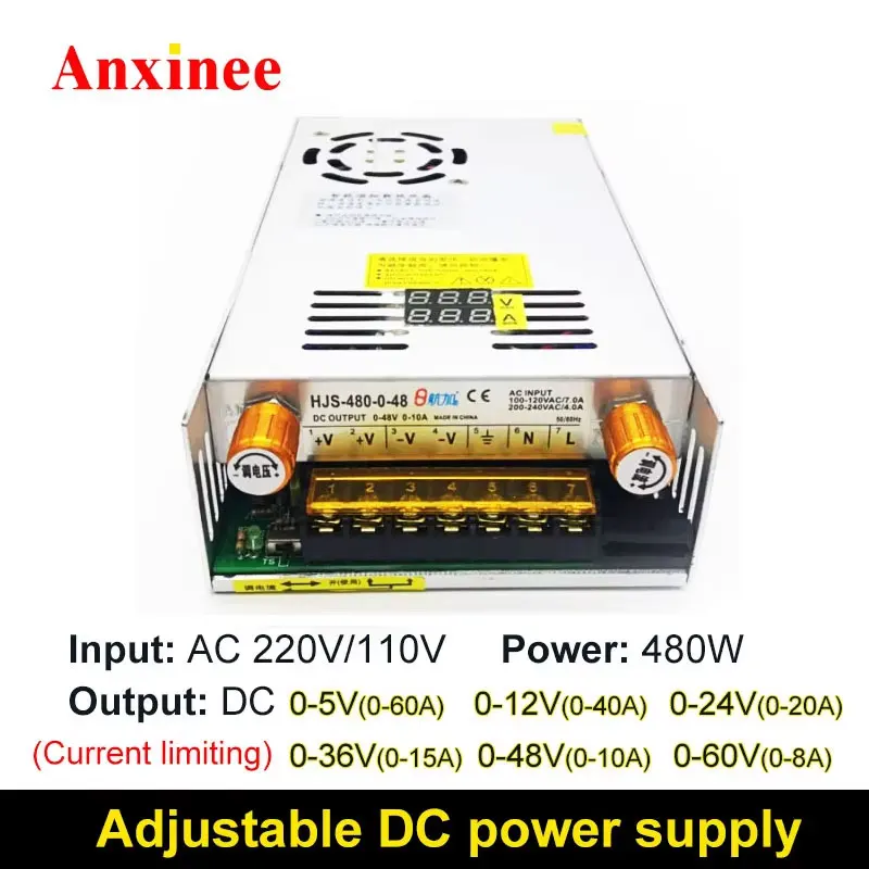 Anxinee 480W AC 220V To DC Adjustable 0-5V 12V 24V 48V 60V 120V 300V Switching Power Supply Digital Display Limitable Current
