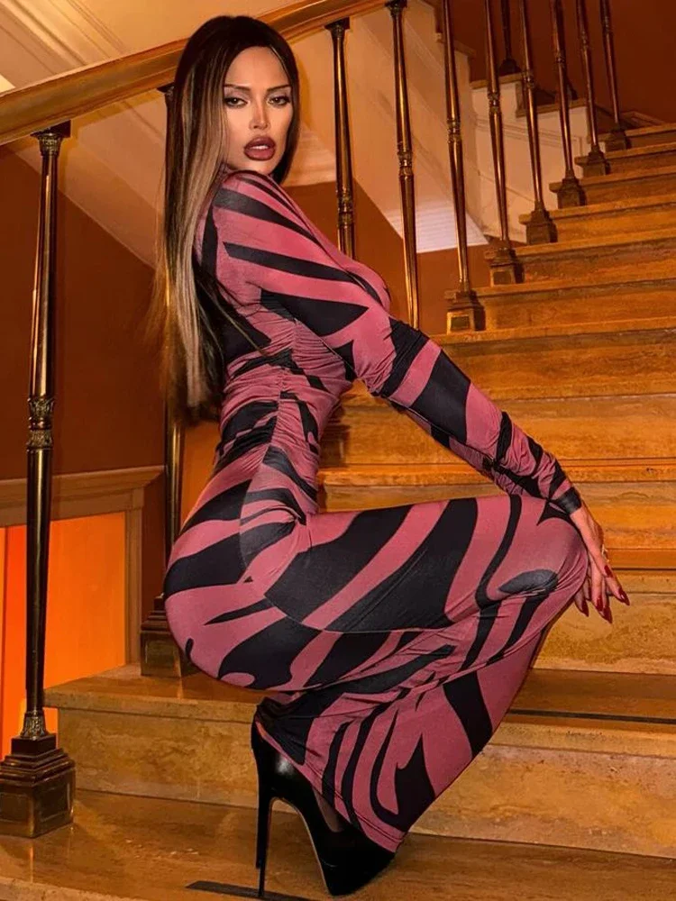 Tossy-maxivestido con estampado de leopardo para mujer, vestido ajustado de manga larga, cintura alta, ropa de calle Sexy, moda de verano