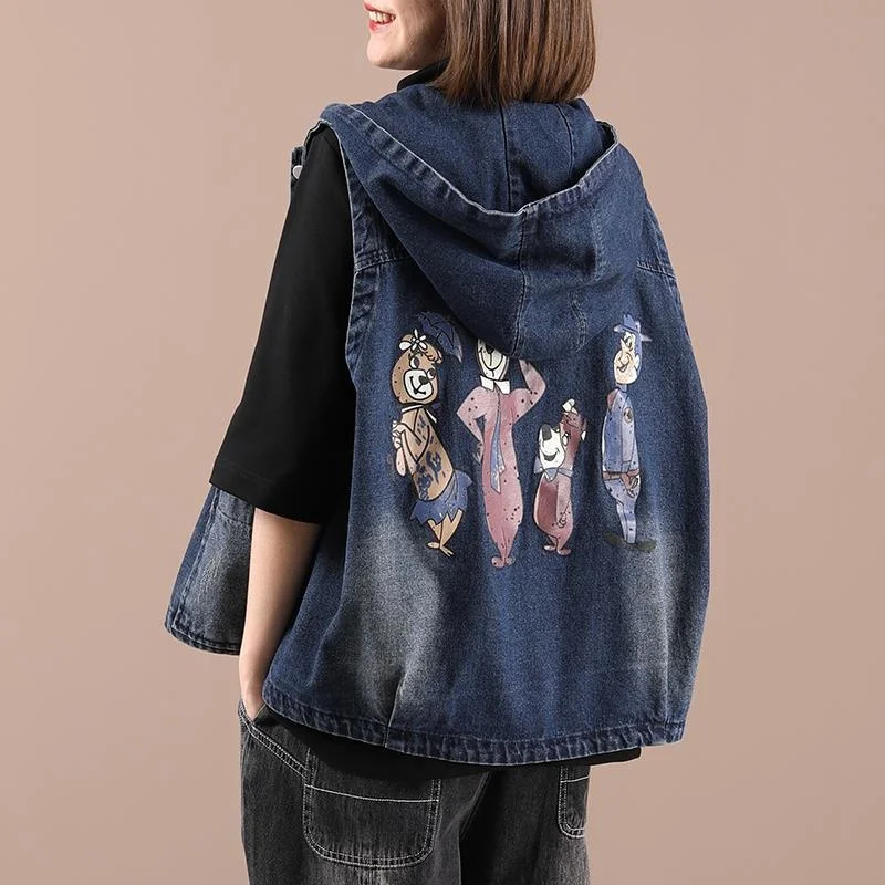 Spring Autumn Women\'s Vest Korean Loose Casual Print Hooded Waistcoat Pocket Sleeveless Denim Jacket Female