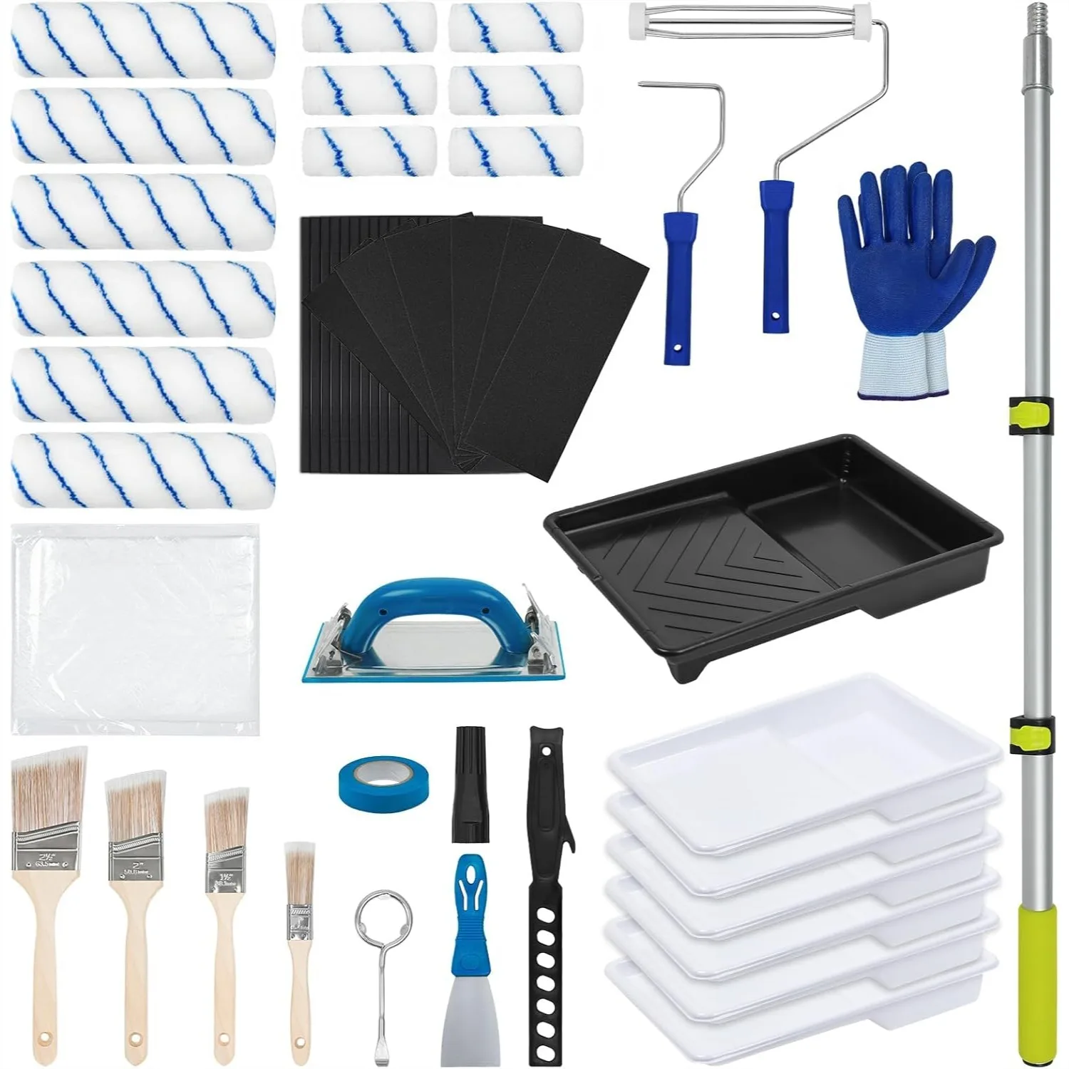 

54 Pcs Paint Roller Kit with Extension Pole, All-in-One Painting Supplies for Home DIY, Includes Rollers, Brushes, Sander, Drop