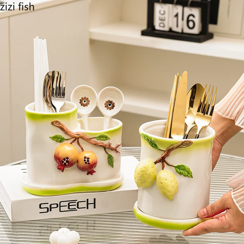 Relief Lemon Ceramic Chopstick Holder Creative Pomegranate Chopstick Rest Drainage Storage Rack Knife Fork Jar Home Storage Tool