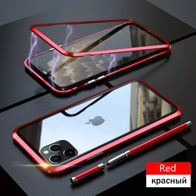 Metal Magnetic Glass Case For iPhone 16 15 14 13 12 11 8 XR XS Pro Max Mini Plus 360 Double-sided Tempered Glass protective Cove