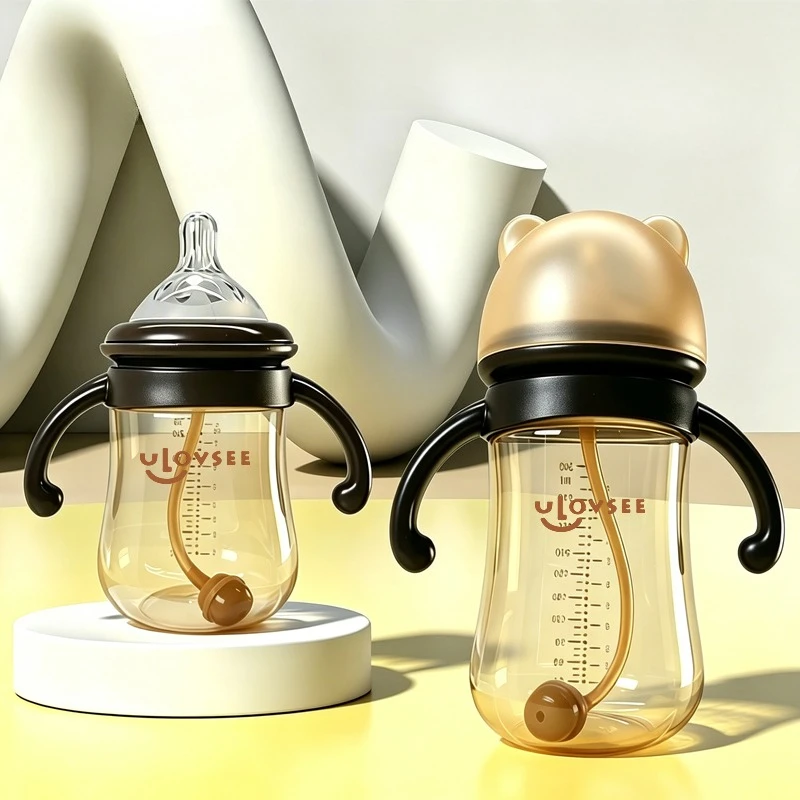 Nano Silver Antibacterial Baby Bottle Wide Neck Anti Colic with Handle and Straw Baby Feeding Bottle