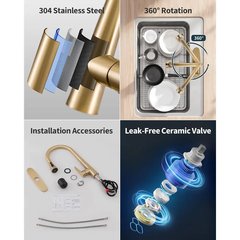 18 Pull-Down Spray Single-Handle Brushed Gold Kitchen Faucet for RV, Farmhouse Sinks, Laundry, and Bar
