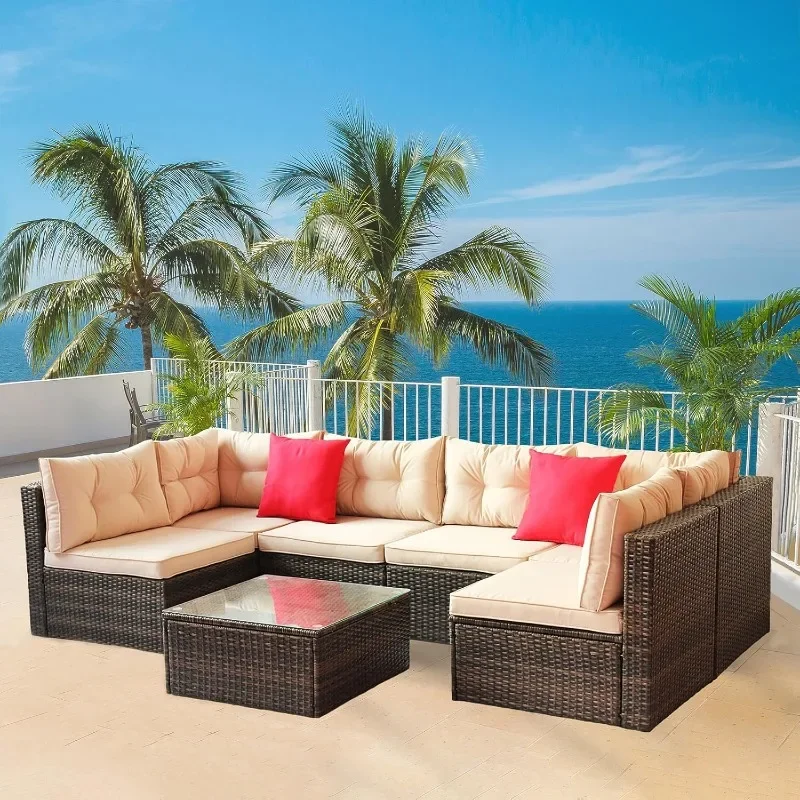 

7 Piece Outdoor Patio Furniture Set, PE Rattan Wicker Patio Conversation Set with Tempered Glass Tea Table and 2 Pillows