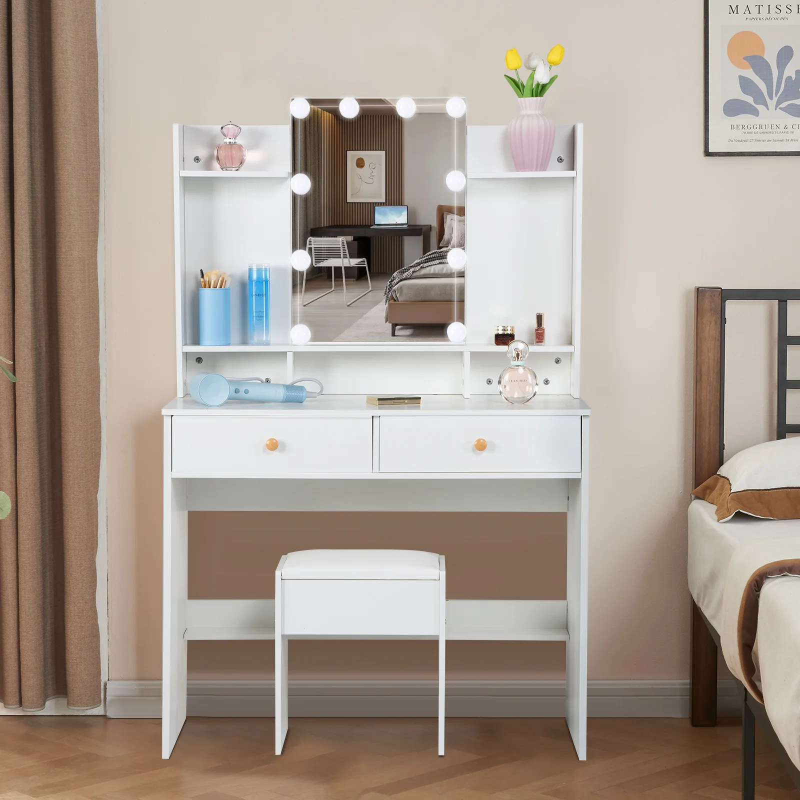 Dresser with LED Light Strip and Stool, White Dresser Set with 2 Drawers and 2 Shelves, 3 Light Modes