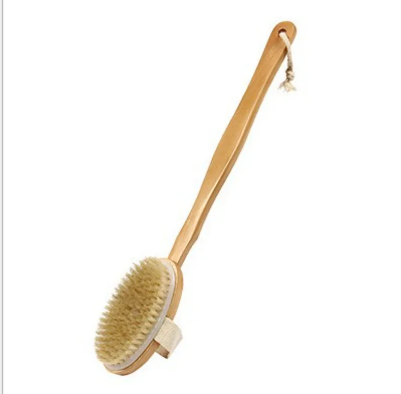 Bathroom Body Brushes Long Handle Bath Natural Bristles Brushes Exfoliating Massager with Wooden Handle Dry Brushing Shower Tool