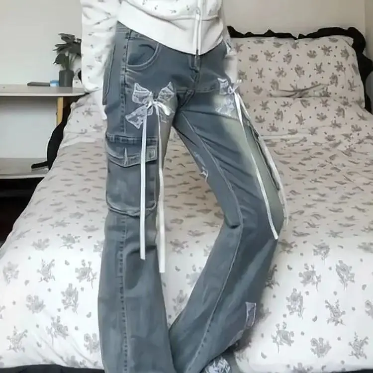 American Retro Lace Bow Jeans Women 2025 Summer New Niche Design Slim Casual Versatile Drooping Trousers