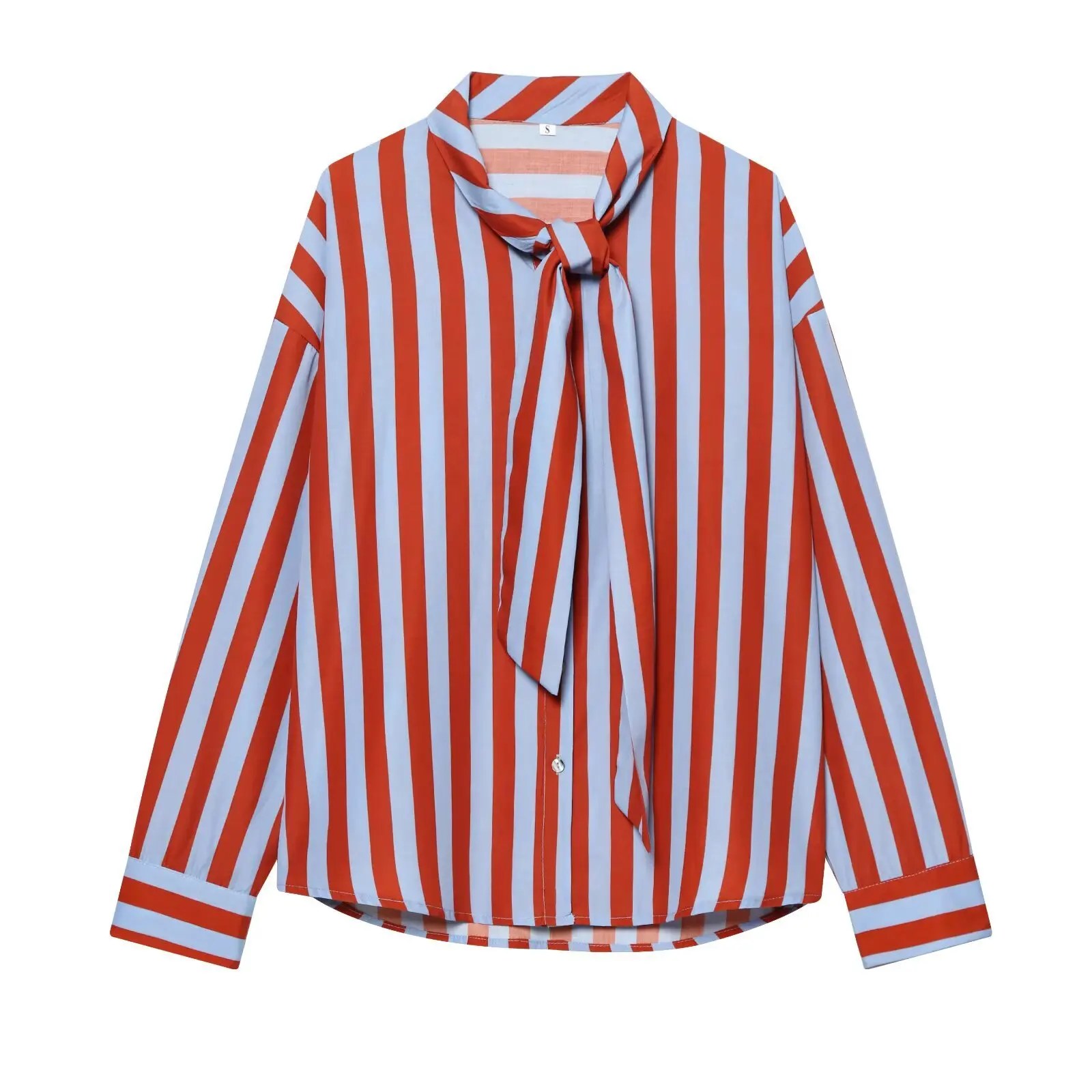 New Women's Fashion Casual Bow Striped Shirt Women Red Blue Stripe Tie Neck Long Sleeve Shirt Button Down Casual Blouse Top M95L