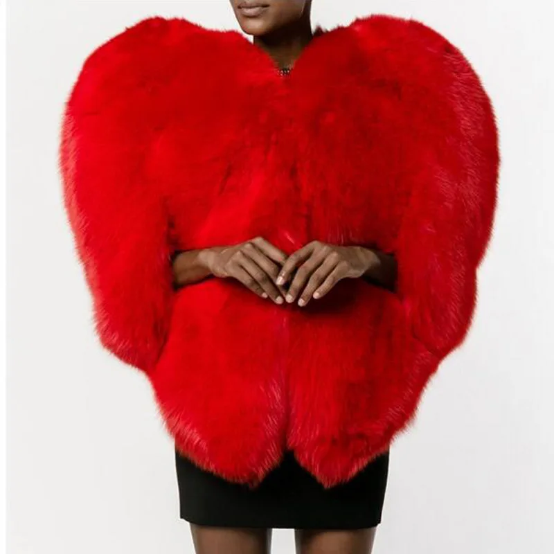 Stylish 3D Red Love Heart Shaped Cape Womens Artificial Fox Fur Coat Thick Warm Women Clothing Hairy Shaggy Outerwear Winter Top