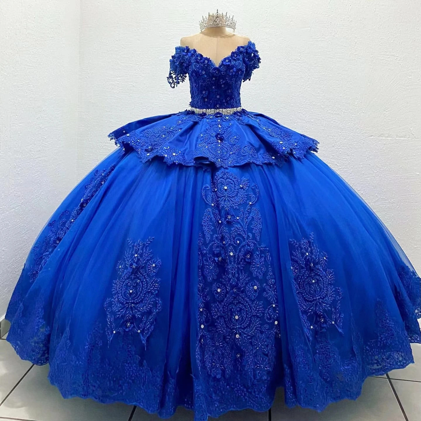 Royal Blue Princess Quinceanera Dresses 3D Floral Crystal Embroidery Lace-up Corset Puffy Prom Debutante Dresses 15 years