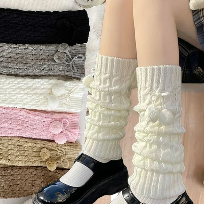 

Japanese Style Leg Warmers Knitted Boot Socks Pom Pom Design Soft Warm Stackable Cuffs for JK Outfit Winter Fashion Accessories