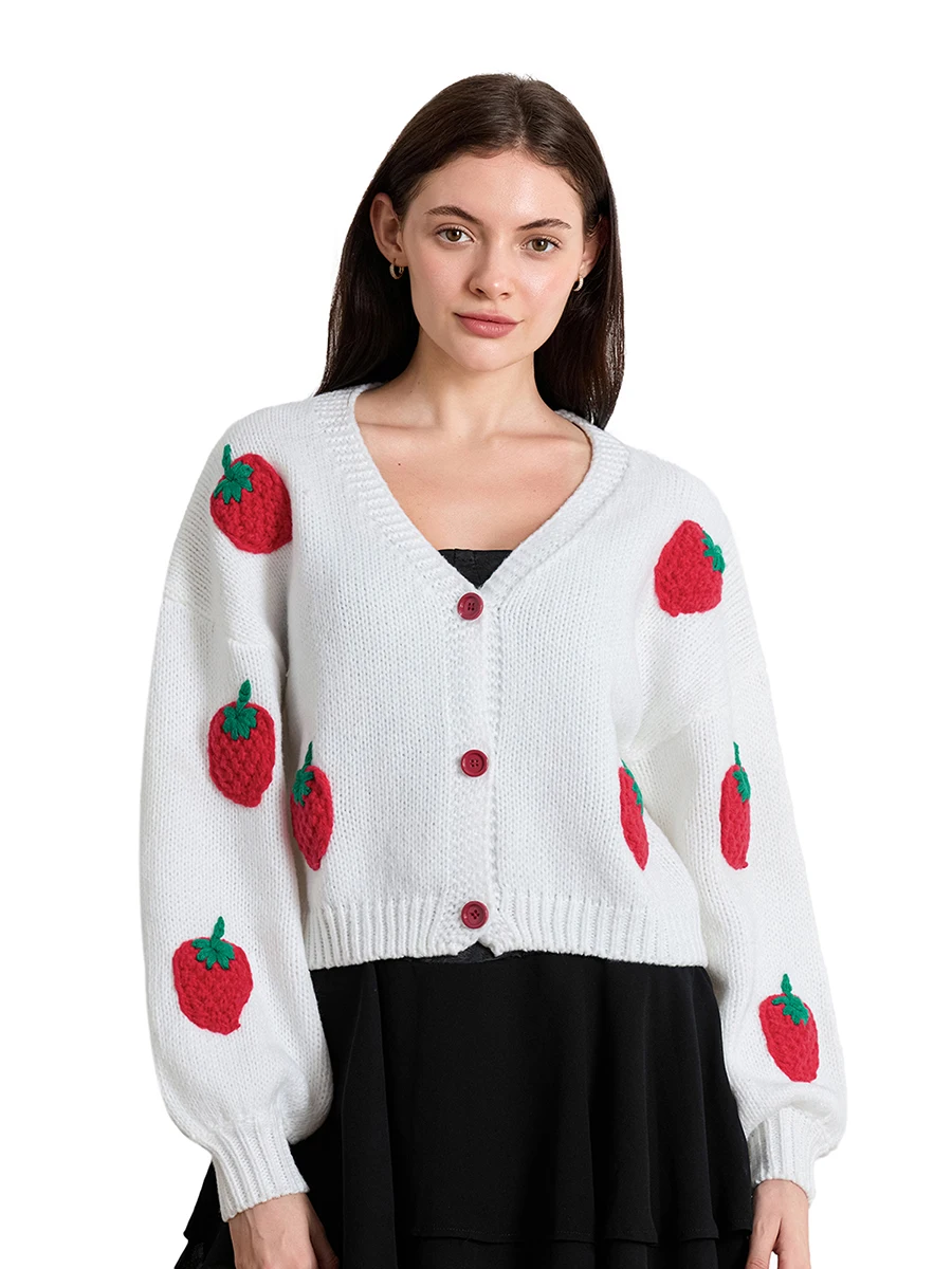 Cardigan corto lavorato a maglia con frutta aperta sul davanti a maniche lunghe da donna moda con scollo a V abbottonato maglioni lavorati a maglia