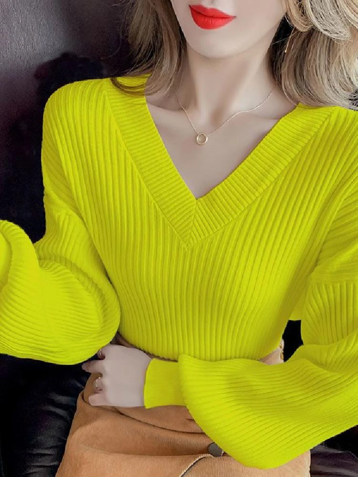 

V-Ne вязаный свитер женский Long Sve Slim Fit Lantern Sve Base irt Faionable Осень Зима Новое поступление IZhou