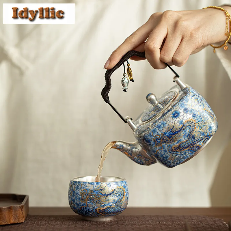 Gilded Silver Blue And White Dragon Phoenix Bridge Tea Set Complete Set Aesthetic Tea Ceremony Set Teapot And Tea Cup Set Cha