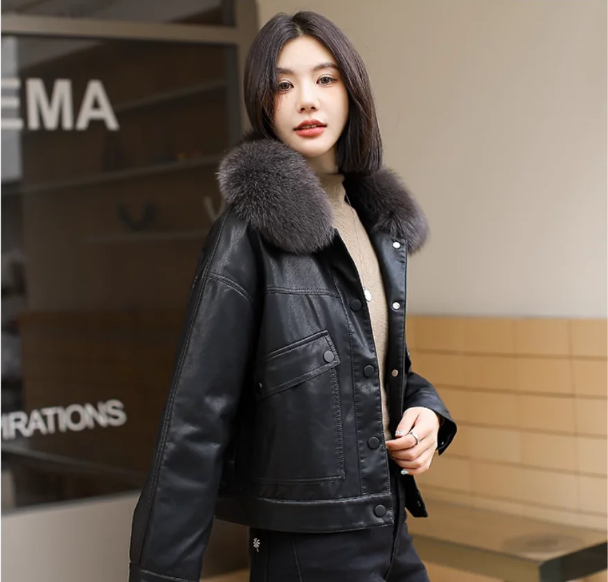 여성용 캐주얼 따뜻한 패치워크 가죽 재킷, 라펠 긴팔 포켓 짧은 코트, 빈티지 스트리트 웨어, 겨울 신상 패션