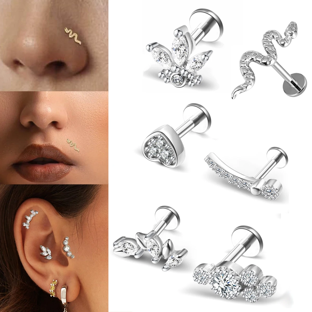 16G Flat Back Dog Paw Nose Ring Stud  ﻿Front Top Screw Lip Ring Stud 18K Gold Plated Cartilage Piercing Helix Tragus Earrings