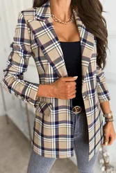 2023 kobiet wiosna jesień Vintage Plaid Blazer z długim rękawem dopasowane kolory dwurzędowy garnitur kurtka szykowna, Slim Blazers topy XXXL