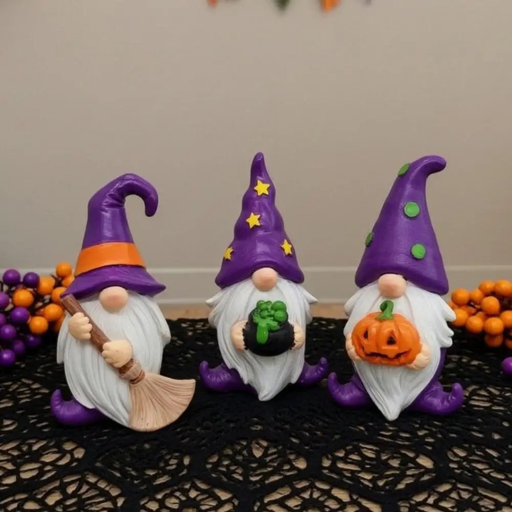 Halloween Gnome Set Resin Spooky Ornaments Halloween Gnome Resin Figurine with Broom Cauldron Spooky Pumpkin for Desk for Home
