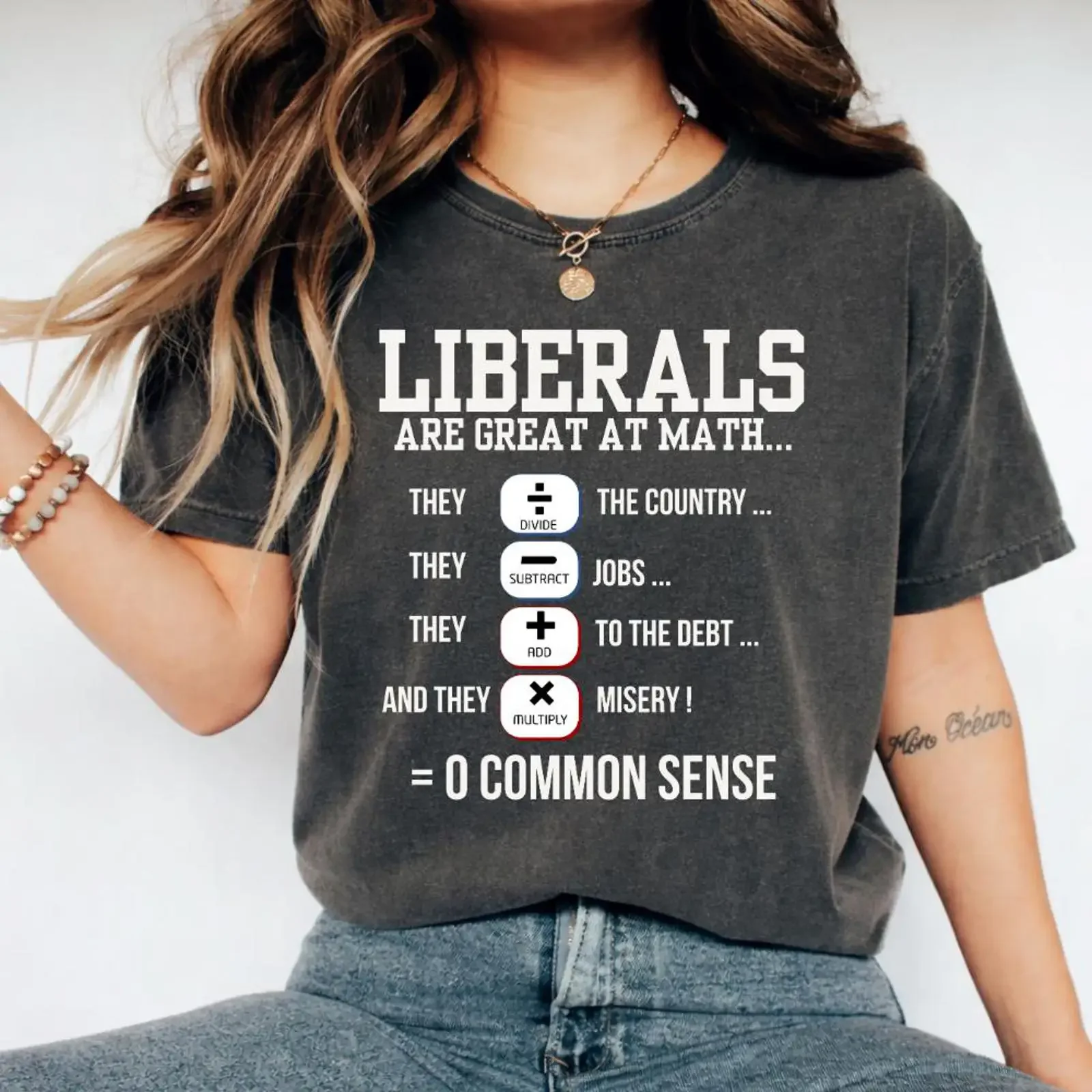 Liberals Are Great at Math Funny Political Sarcastic T Shirt Conservative Humor Casual  vintage Washed Soft fashion Slightly