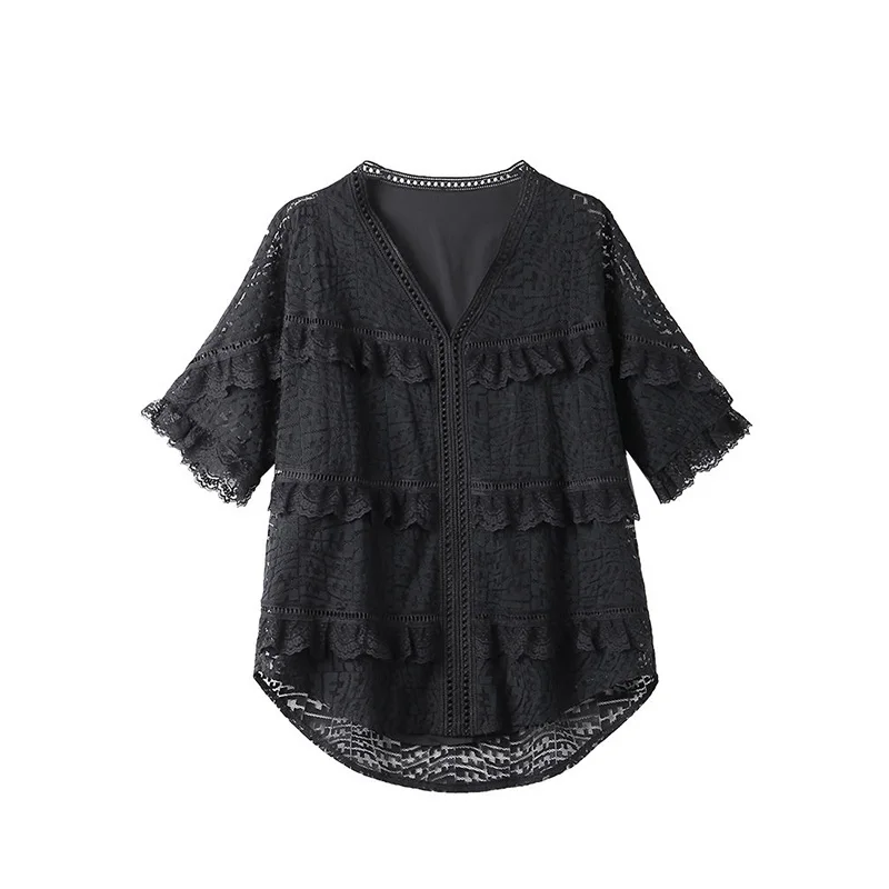 Black Stereoscopic Embroidered Lace V-neck Half Sleeved T-Shirts for Women Summer Clothes Hollow Out Loose-fitting Chiffon Tops